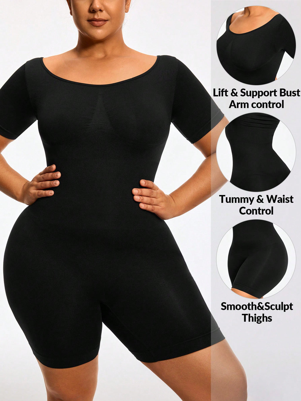 Full Body Shapewear Bodysuit - Short Sleeve Bust Lift Arm Tummy Thigh Slimming