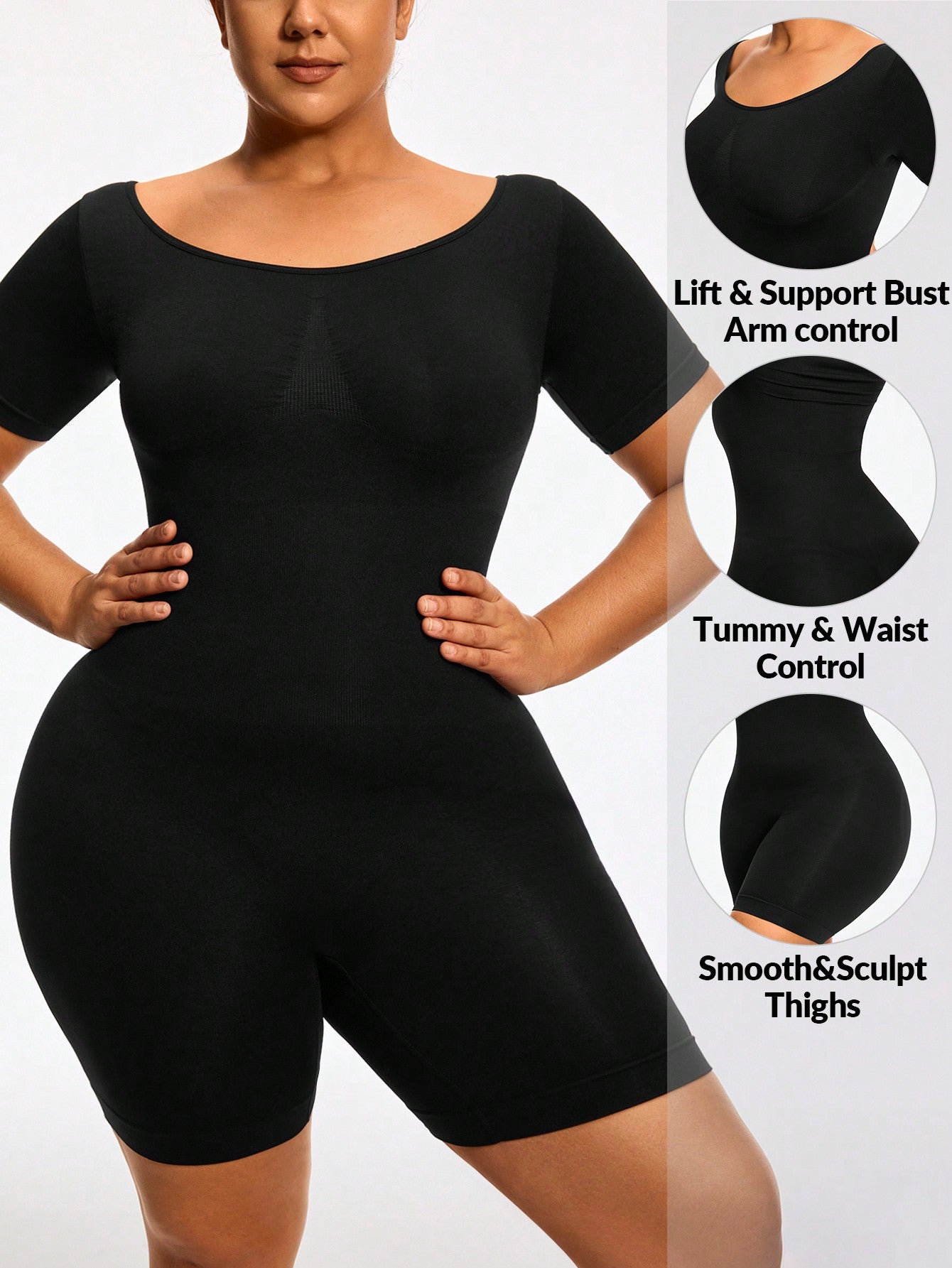 Full Body Shapewear Bodysuit - Short Sleeve Bust Lift Arm Tummy Thigh Slimming