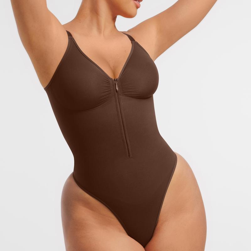 Womens High-Elastic Zipper V-Neck Bodysuit